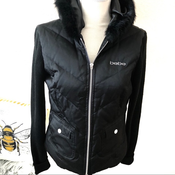 bebe Jackets & Blazers - Bebe puffer black sweather jacket with fur